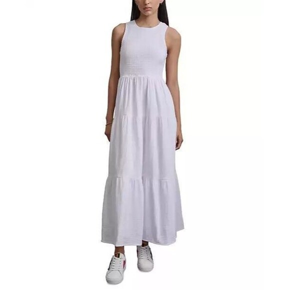 DKNY Cotton Gauze Smocked-Bodice white Maxi Dress size L sleevesless 100% cotton - Picture 1 of 12